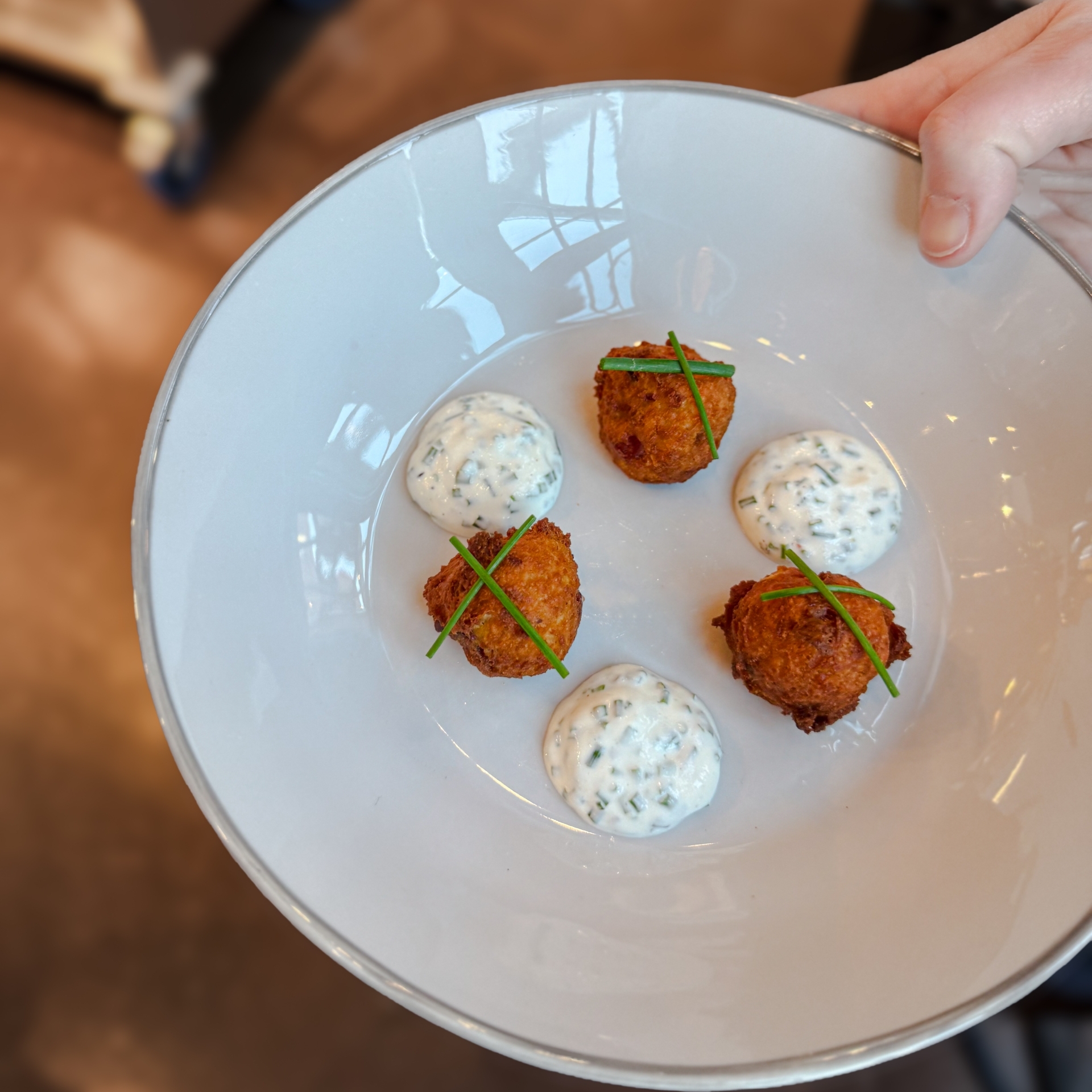 PEI Potato Bacon Cheddar Fritter with Sour Cream & Chive Dipping Sauce